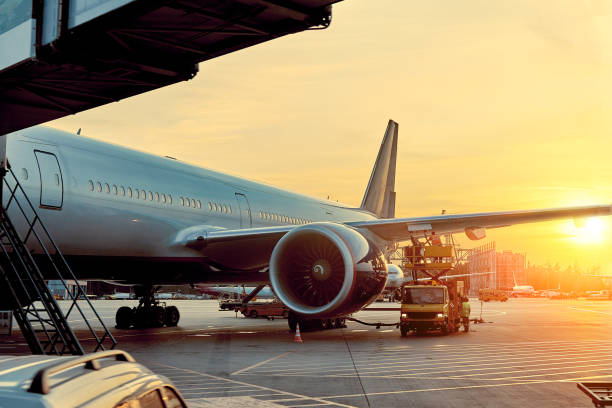 close up of an airplane engine in sunlight.